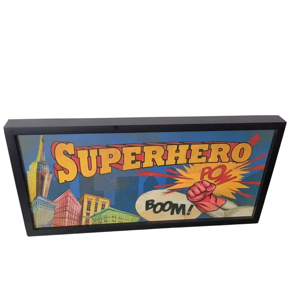 Superhero Comic Style Wall Art Print Framed With Bold Colors & Action Words BOOM